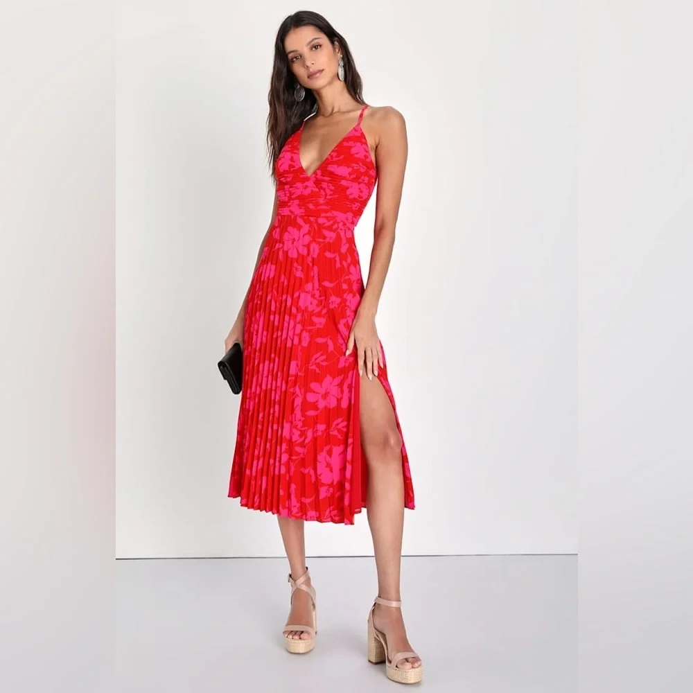 Lulu's Red and Pink Floral Pleated Midi Dress - Picture 5 of 6